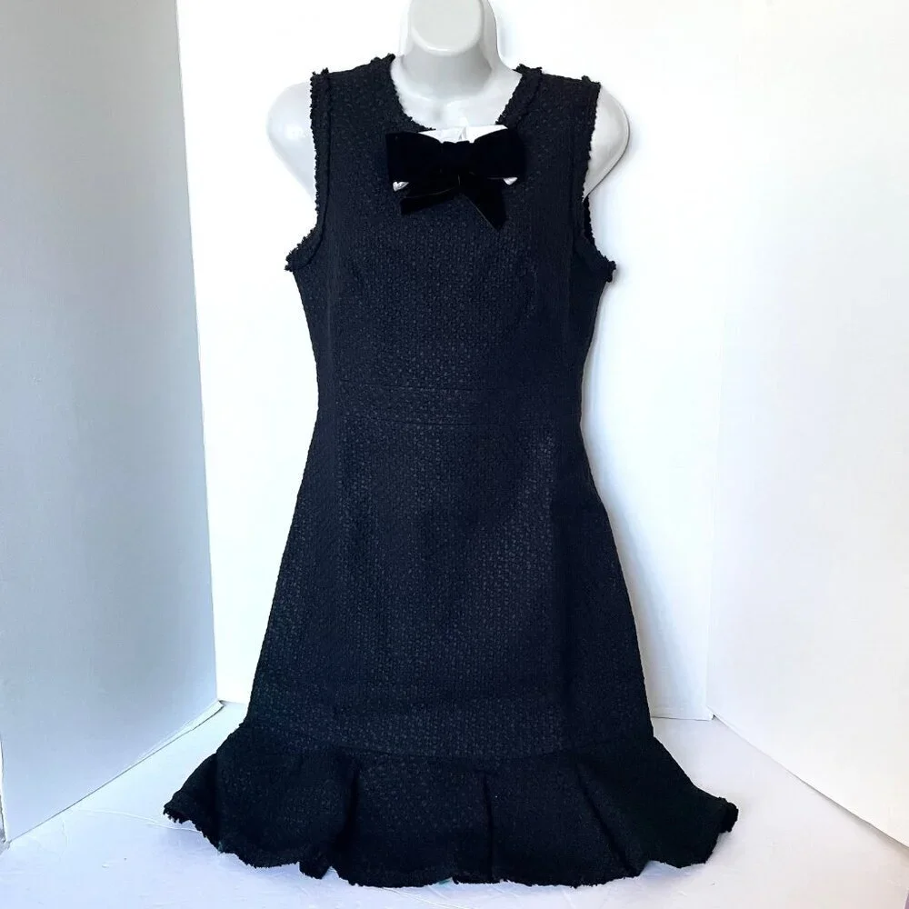 Kate Spade Dress Womens 0 Black Sheath Sleeveless Bow Tie Tweed Ruffle Short